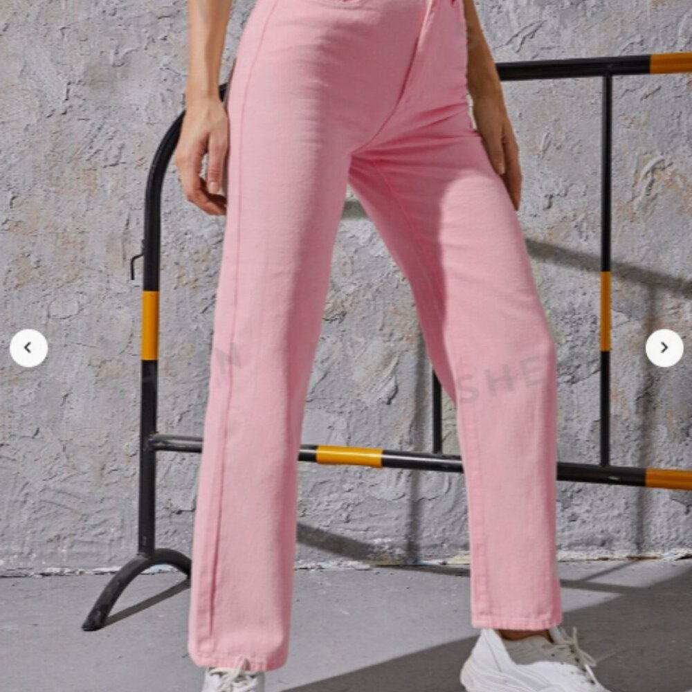 SHEIN High Waisted Baby Pink Straight Leg Cropped Denim Jeans Size XS